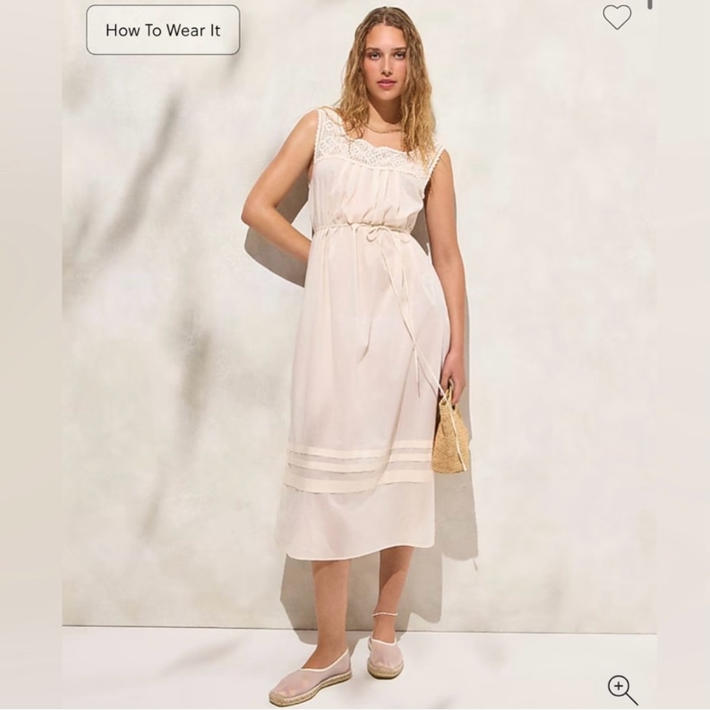 J. Crew NWT Cream Lace-Trim Midi Cover-Up Dress with Tie Waist